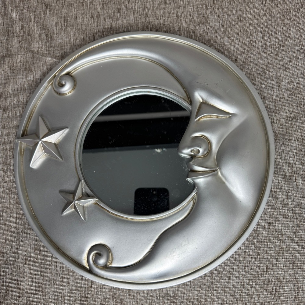Vintage Decorel Silver Celestial Crescent Moon and Stars Round Wall Mirror